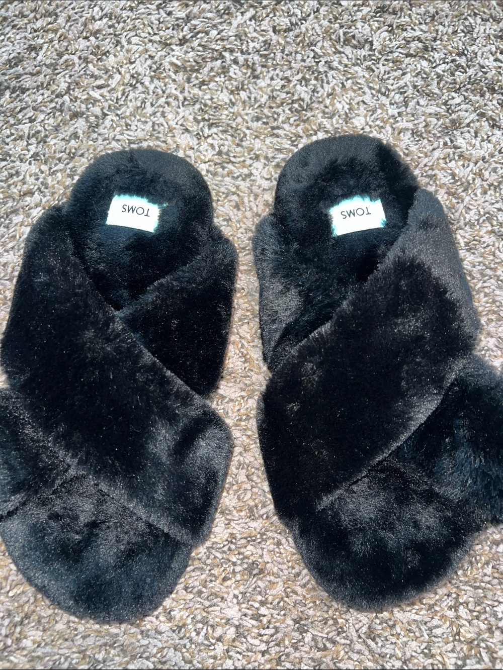 TOMS Black Plush Cross-Band Slip-On Women's Slippers